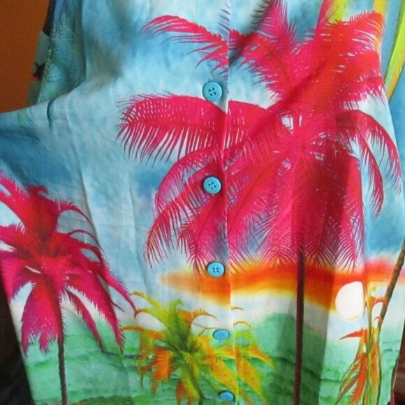 Vtg La Leela Womens Hawaiian Beach Shirt L Tropical Palm Print 100% Terivoile - Picture 2 of 6